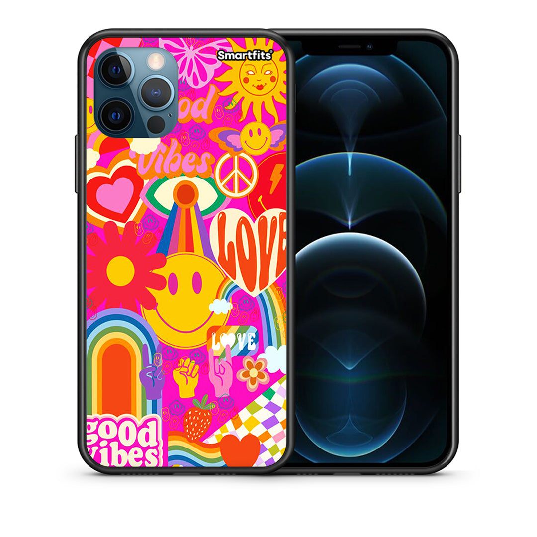 Θήκη iPhone 12 Pro Max Hippie Love από τη Smartfits με σχέδιο στο πίσω μέρος και μαύρο περίβλημα | iPhone 12 Pro Max Hippie Love case with colorful back and black bezels