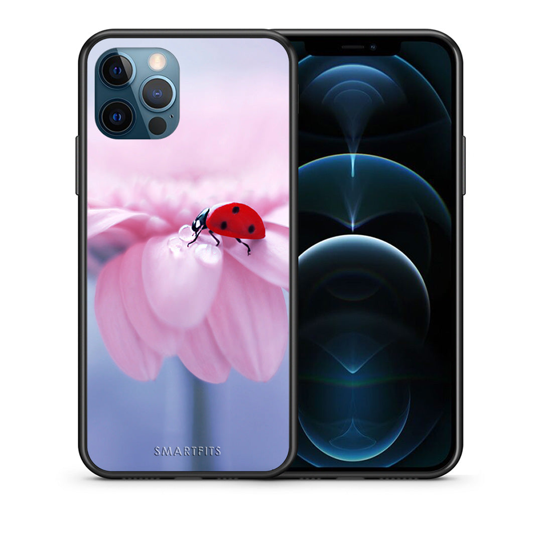 Θήκη iPhone 12 Pro Max Ladybug Flower από τη Smartfits με σχέδιο στο πίσω μέρος και μαύρο περίβλημα | iPhone 12 Pro Max Ladybug Flower case with colorful back and black bezels
