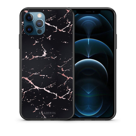 Θήκη iPhone 12 Pro Max Black Rosegold Marble από τη Smartfits με σχέδιο στο πίσω μέρος και μαύρο περίβλημα | iPhone 12 Pro Max Black Rosegold Marble case with colorful back and black bezels