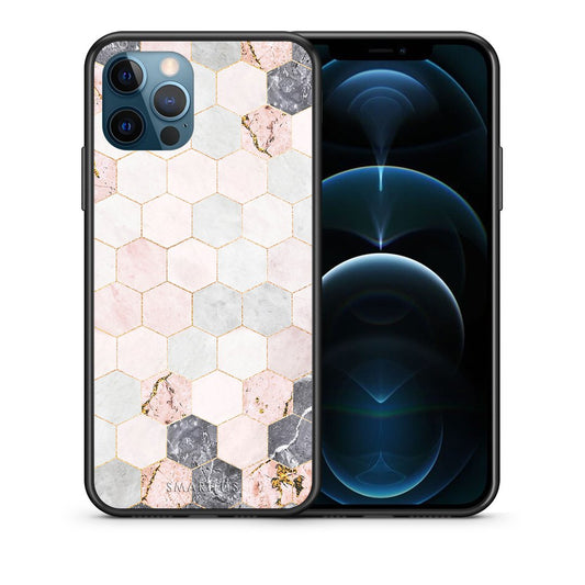 Θήκη iPhone 12 Pro Max Hexagon Pink Marble από τη Smartfits με σχέδιο στο πίσω μέρος και μαύρο περίβλημα | iPhone 12 Pro Max Hexagon Pink Marble case with colorful back and black bezels