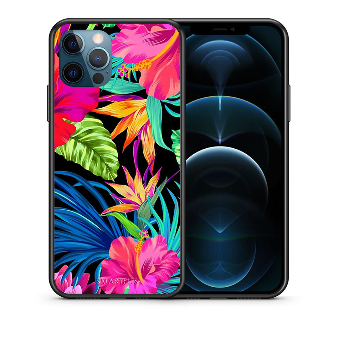 Θήκη iPhone 12 Pro Max Tropical Flowers από τη Smartfits με σχέδιο στο πίσω μέρος και μαύρο περίβλημα | iPhone 12 Pro Max Tropical Flowers case with colorful back and black bezels