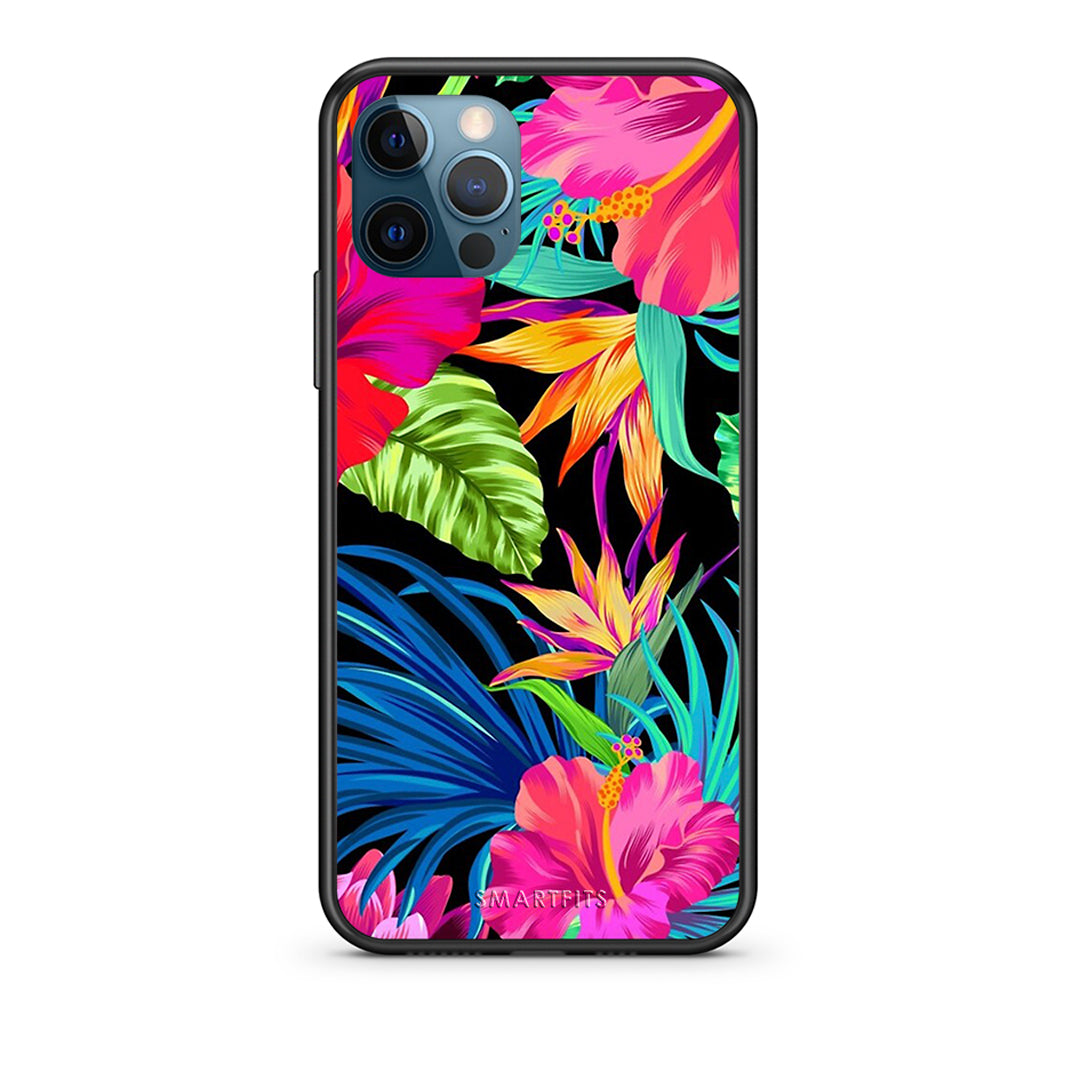iPhone 12 Pro Max Tropical Flowers θήκη από τη Smartfits με σχέδιο στο πίσω μέρος και μαύρο περίβλημα | Smartphone case with colorful back and black bezels by Smartfits