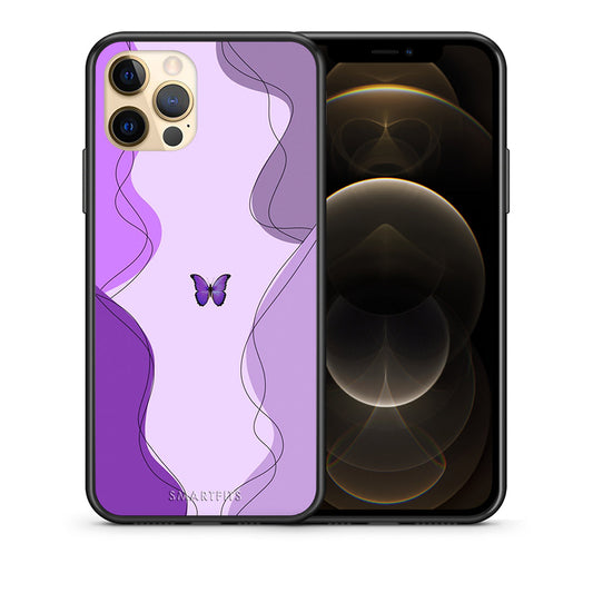 Θήκη Αγίου Βαλεντίνου iPhone 12 Pro Purple Mariposa από τη Smartfits με σχέδιο στο πίσω μέρος και μαύρο περίβλημα | iPhone 12 Pro Purple Mariposa case with colorful back and black bezels