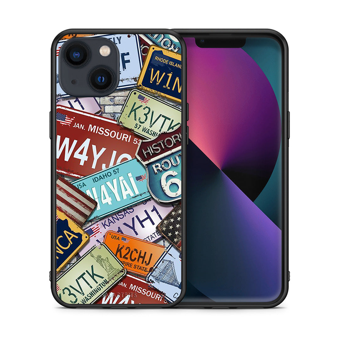 Θήκη iPhone 13 Car Plates από τη Smartfits με σχέδιο στο πίσω μέρος και μαύρο περίβλημα | iPhone 13 Car Plates case with colorful back and black bezels