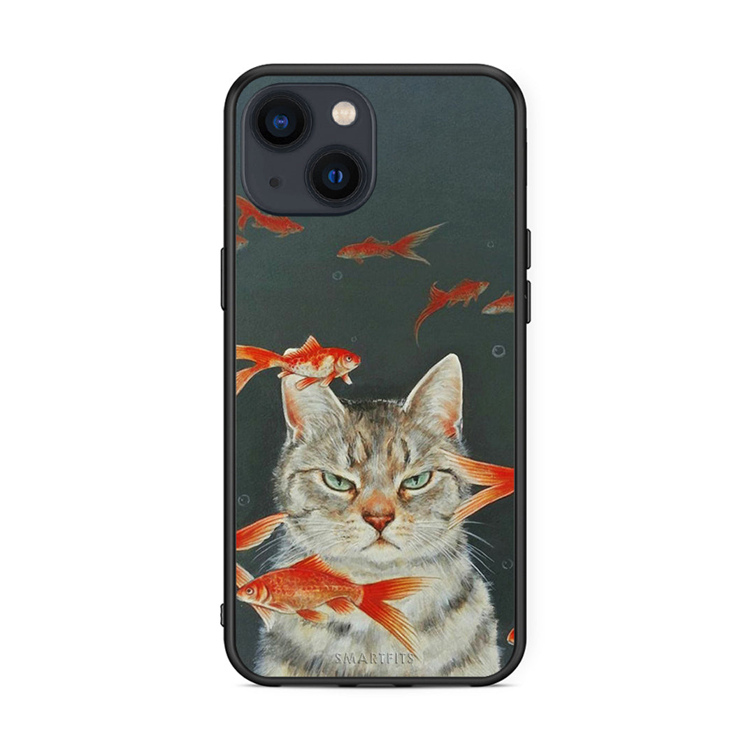 iPhone 13 Mini Cat Goldfish θήκη από τη Smartfits με σχέδιο στο πίσω μέρος και μαύρο περίβλημα | Smartphone case with colorful back and black bezels by Smartfits