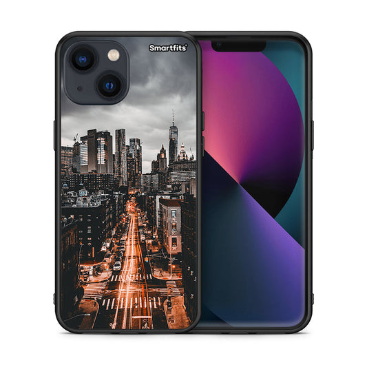 Θήκη iPhone 13 Mini City Lights από τη Smartfits με σχέδιο στο πίσω μέρος και μαύρο περίβλημα | iPhone 13 Mini City Lights case with colorful back and black bezels