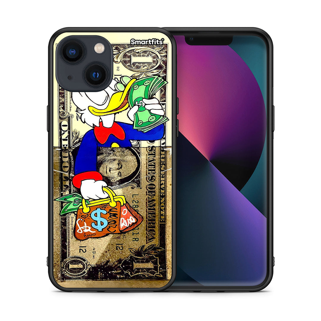 Θήκη iPhone 13 Duck Money από τη Smartfits με σχέδιο στο πίσω μέρος και μαύρο περίβλημα | iPhone 13 Duck Money case with colorful back and black bezels