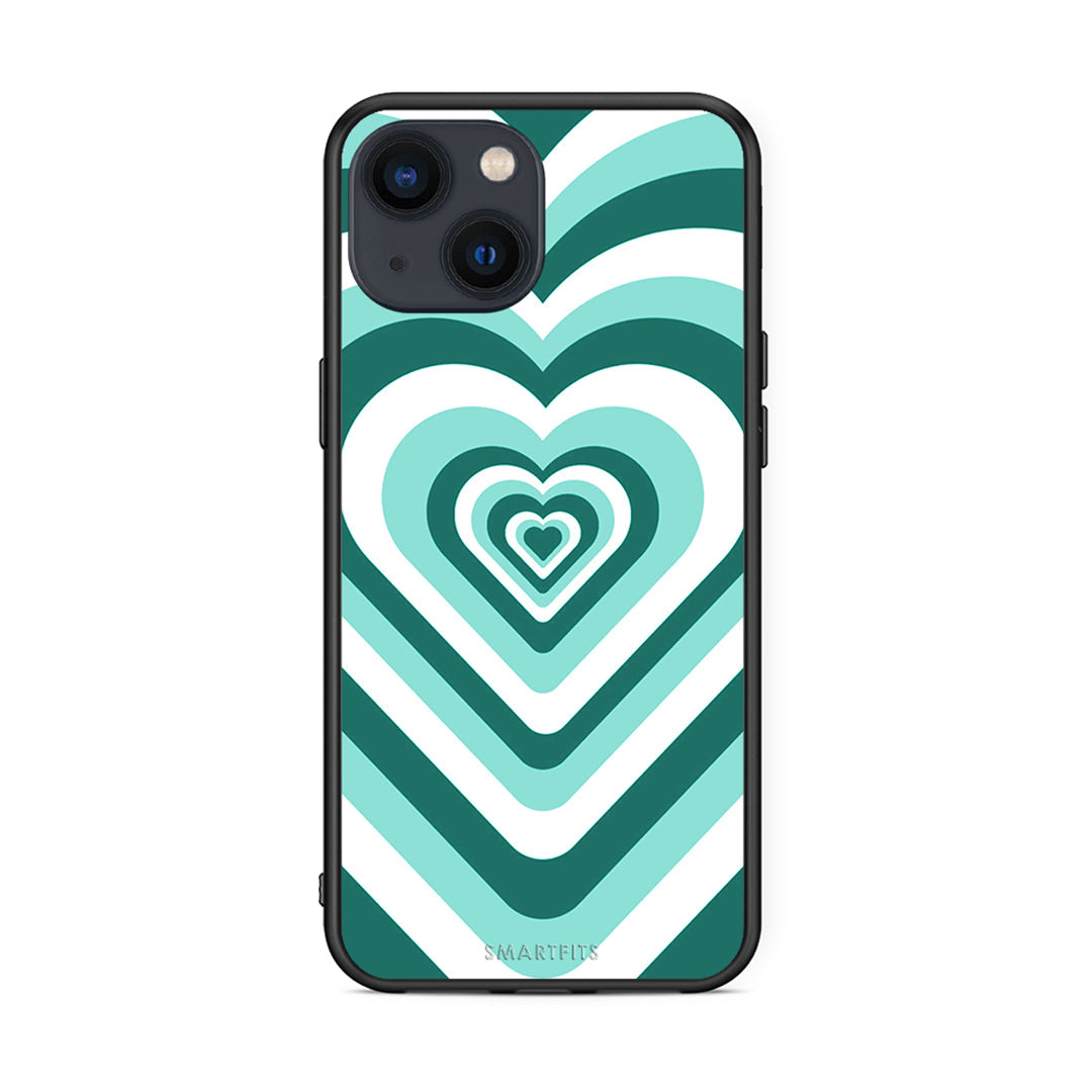 iPhone 13 Green Hearts θήκη από τη Smartfits με σχέδιο στο πίσω μέρος και μαύρο περίβλημα | Smartphone case with colorful back and black bezels by Smartfits
