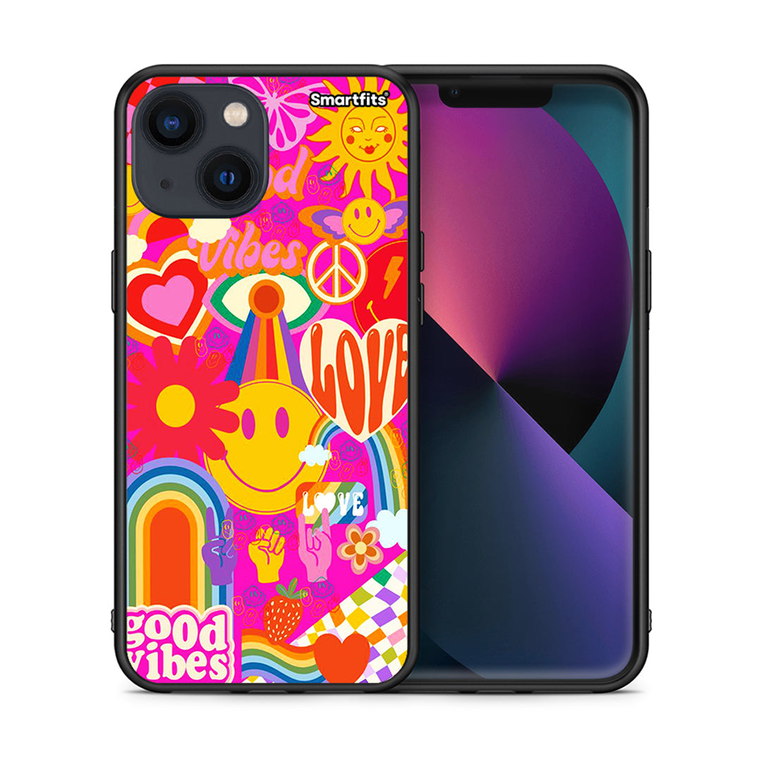 Θήκη iPhone 13 Hippie Love από τη Smartfits με σχέδιο στο πίσω μέρος και μαύρο περίβλημα | iPhone 13 Hippie Love case with colorful back and black bezels