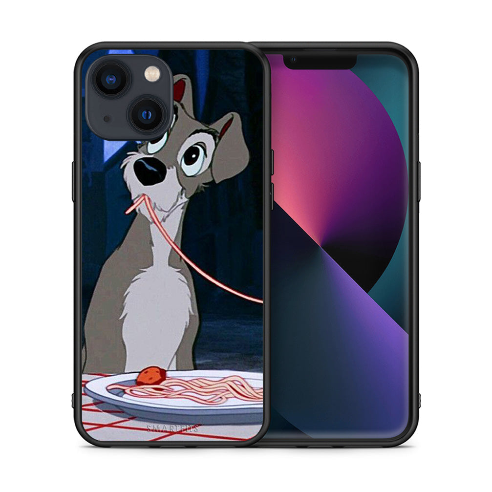Θήκη Αγίου Βαλεντίνου iPhone 13 Lady And Tramp 1 από τη Smartfits με σχέδιο στο πίσω μέρος και μαύρο περίβλημα | iPhone 13 Lady And Tramp 1 case with colorful back and black bezels