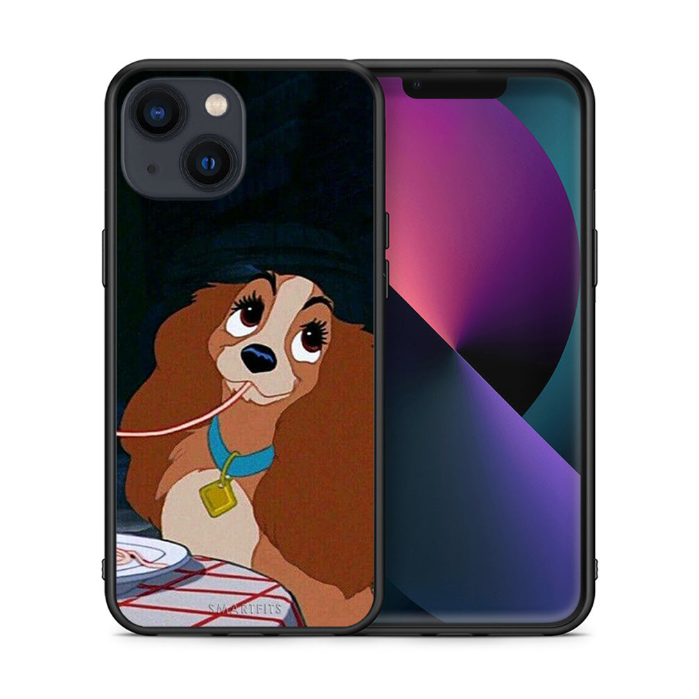 Θήκη Αγίου Βαλεντίνου iPhone 13 Mini Lady And Tramp 2 από τη Smartfits με σχέδιο στο πίσω μέρος και μαύρο περίβλημα | iPhone 13 Mini Lady And Tramp 2 case with colorful back and black bezels