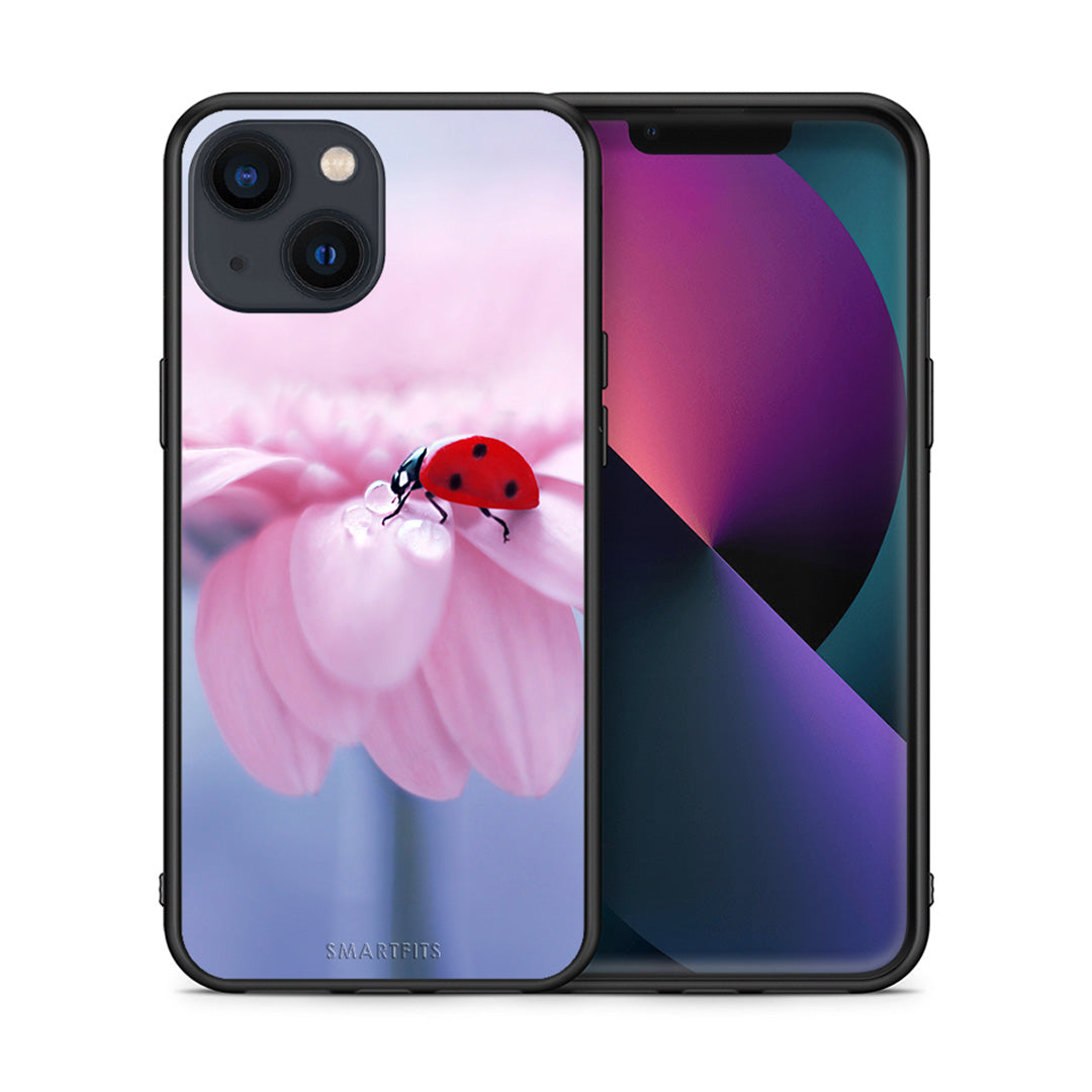 Θήκη iPhone 13 Ladybug Flower από τη Smartfits με σχέδιο στο πίσω μέρος και μαύρο περίβλημα | iPhone 13 Ladybug Flower case with colorful back and black bezels