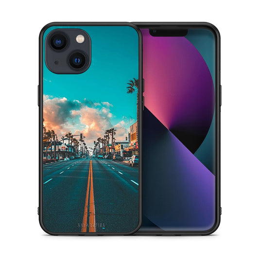 Θήκη iPhone 13 City Landscape από τη Smartfits με σχέδιο στο πίσω μέρος και μαύρο περίβλημα | iPhone 13 City Landscape case with colorful back and black bezels