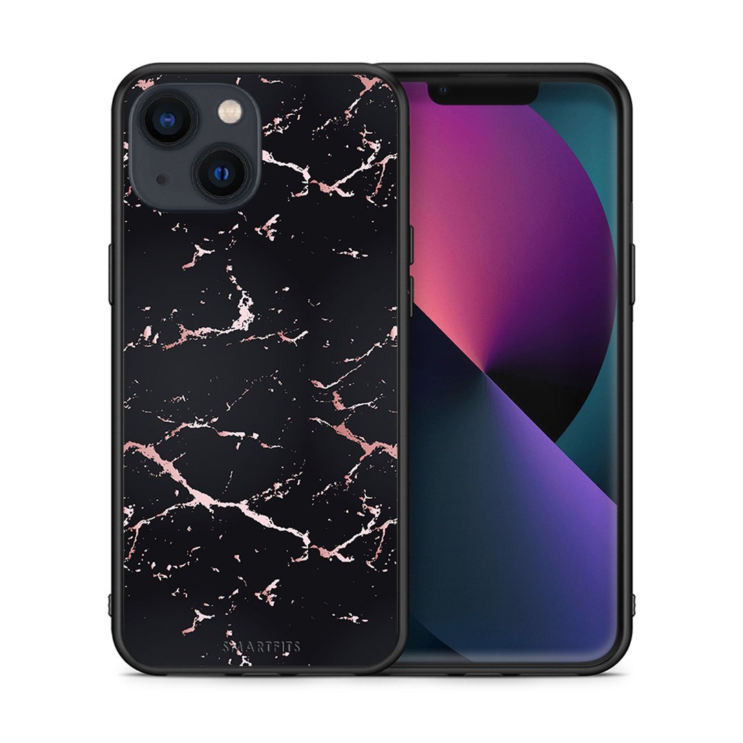 Θήκη iPhone 13 Black Rosegold Marble από τη Smartfits με σχέδιο στο πίσω μέρος και μαύρο περίβλημα | iPhone 13 Black Rosegold Marble case with colorful back and black bezels