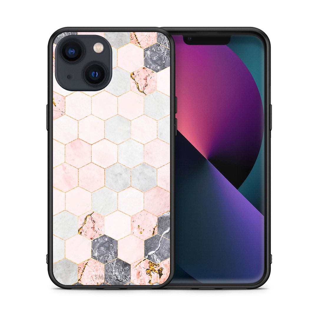 Θήκη iPhone 13 Mini Hexagon Pink Marble από τη Smartfits με σχέδιο στο πίσω μέρος και μαύρο περίβλημα | iPhone 13 Mini Hexagon Pink Marble case with colorful back and black bezels
