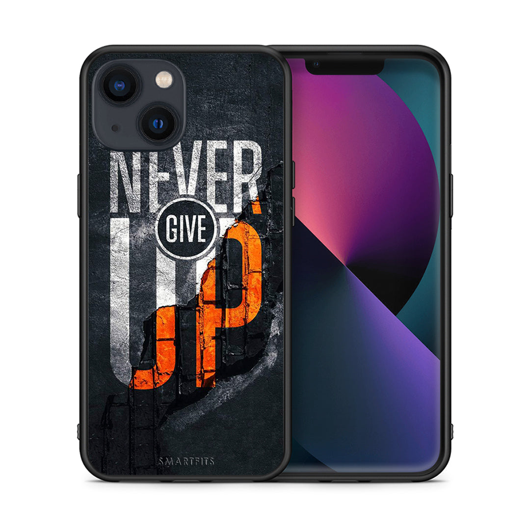Θήκη Αγίου Βαλεντίνου iPhone 13 Never Give Up από τη Smartfits με σχέδιο στο πίσω μέρος και μαύρο περίβλημα | iPhone 13 Never Give Up case with colorful back and black bezels