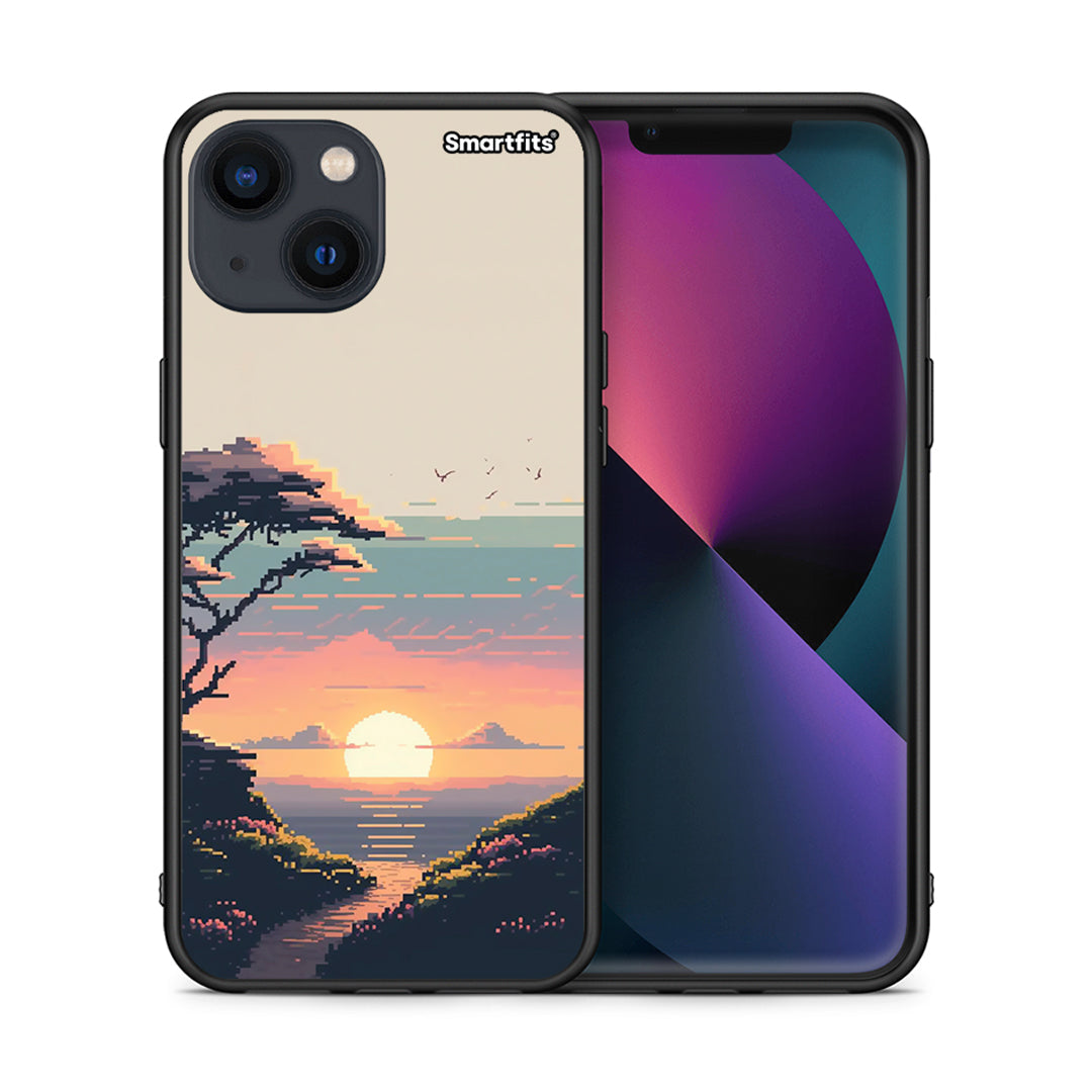 Θήκη iPhone 13 Mini Pixel Sunset από τη Smartfits με σχέδιο στο πίσω μέρος και μαύρο περίβλημα | iPhone 13 Mini Pixel Sunset case with colorful back and black bezels
