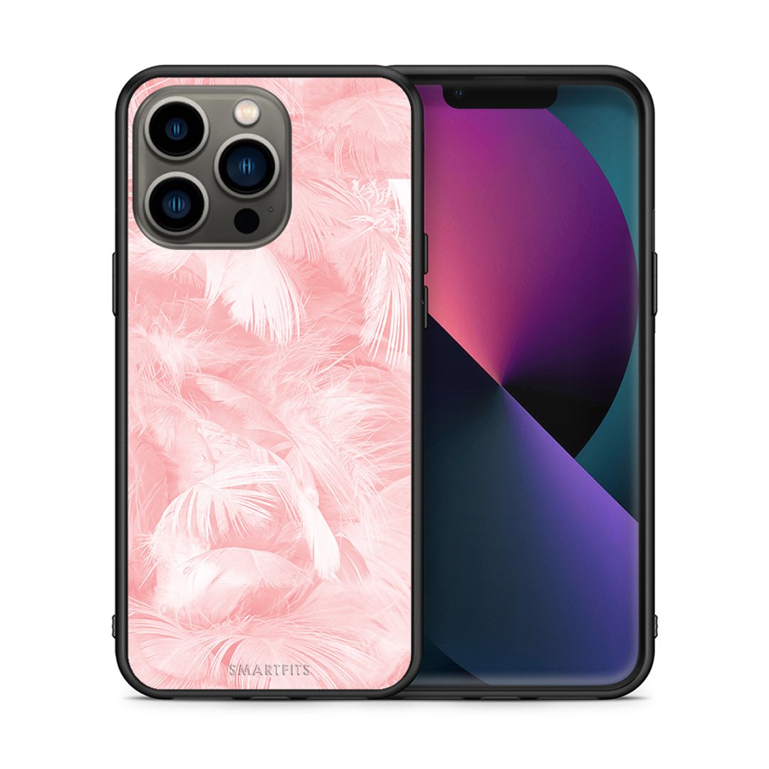 Θήκη iPhone 13 Pro Pink Feather Boho από τη Smartfits με σχέδιο στο πίσω μέρος και μαύρο περίβλημα | iPhone 13 Pro Pink Feather Boho case with colorful back and black bezels