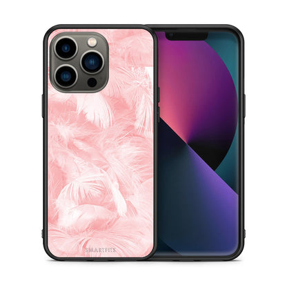 Θήκη iPhone 13 Pro Pink Feather Boho από τη Smartfits με σχέδιο στο πίσω μέρος και μαύρο περίβλημα | iPhone 13 Pro Pink Feather Boho case with colorful back and black bezels