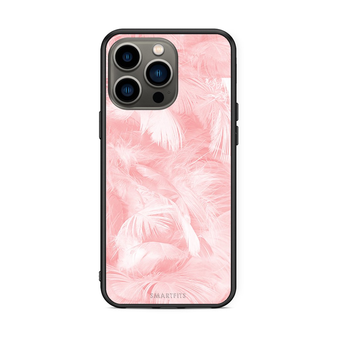 33 - iPhone 13 Pro Pink Feather Boho case, cover, bumper