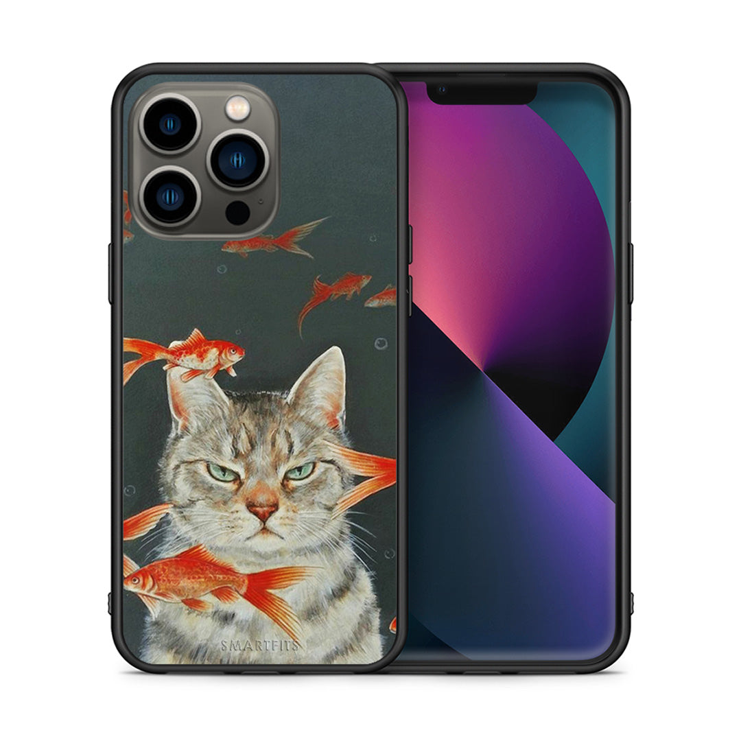Θήκη iPhone 13 Pro Cat Goldfish από τη Smartfits με σχέδιο στο πίσω μέρος και μαύρο περίβλημα | iPhone 13 Pro Cat Goldfish case with colorful back and black bezels