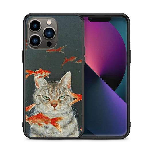 Θήκη iPhone 13 Pro Cat Goldfish από τη Smartfits με σχέδιο στο πίσω μέρος και μαύρο περίβλημα | iPhone 13 Pro Cat Goldfish case with colorful back and black bezels