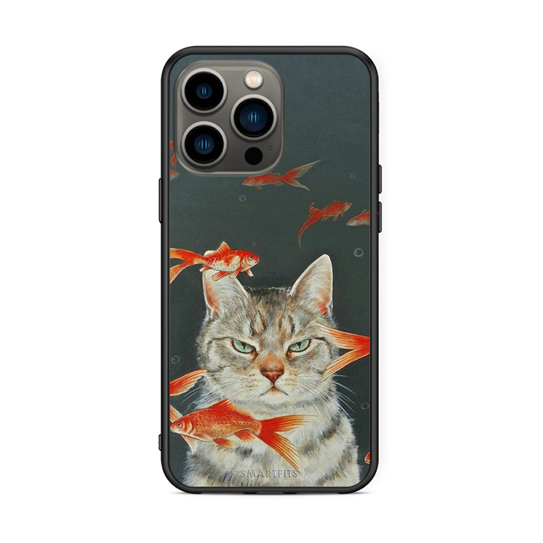 iPhone 13 Pro Cat Goldfish θήκη από τη Smartfits με σχέδιο στο πίσω μέρος και μαύρο περίβλημα | Smartphone case with colorful back and black bezels by Smartfits
