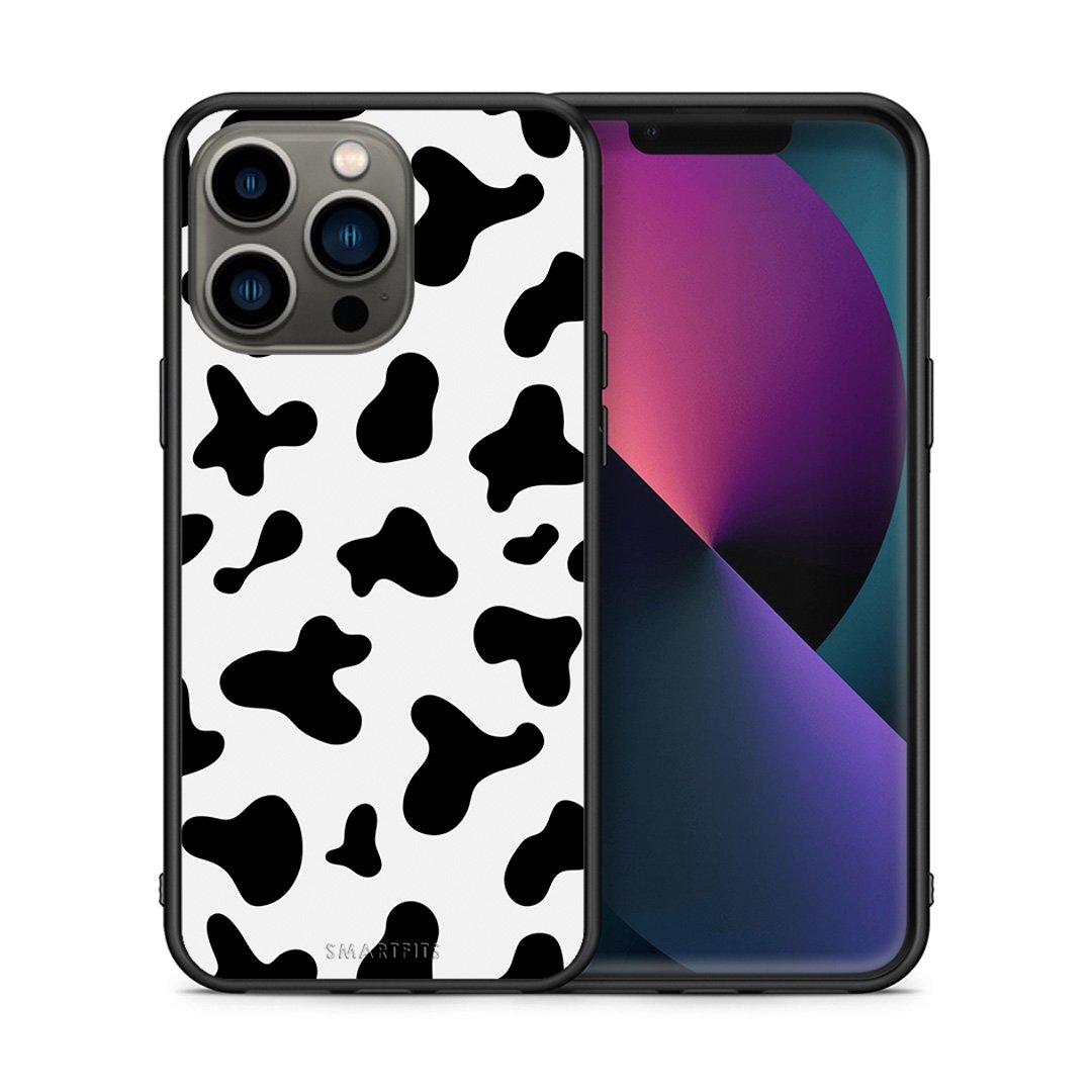 Θήκη iPhone 13 Pro Cow Print από τη Smartfits με σχέδιο στο πίσω μέρος και μαύρο περίβλημα | iPhone 13 Pro Cow Print case with colorful back and black bezels