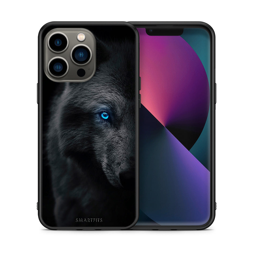Θήκη iPhone 13 Pro Dark Wolf από τη Smartfits με σχέδιο στο πίσω μέρος και μαύρο περίβλημα | iPhone 13 Pro Dark Wolf case with colorful back and black bezels