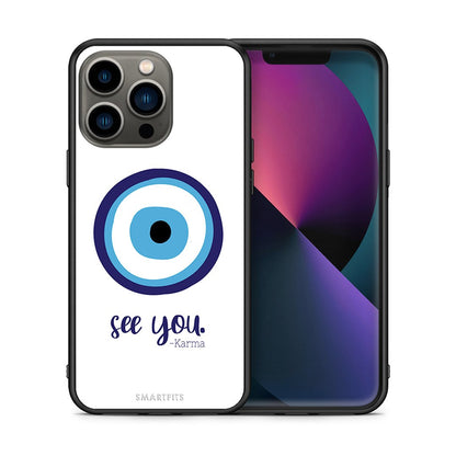 Θήκη iPhone 13 Pro Karma Says από τη Smartfits με σχέδιο στο πίσω μέρος και μαύρο περίβλημα | iPhone 13 Pro Karma Says case with colorful back and black bezels