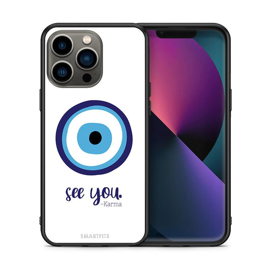 Θήκη iPhone 13 Pro Karma Says από τη Smartfits με σχέδιο στο πίσω μέρος και μαύρο περίβλημα | iPhone 13 Pro Karma Says case with colorful back and black bezels