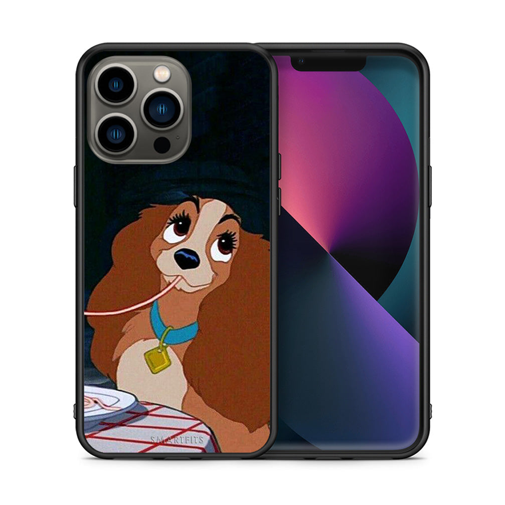 Θήκη Αγίου Βαλεντίνου iPhone 13 Pro Lady And Tramp 2 από τη Smartfits με σχέδιο στο πίσω μέρος και μαύρο περίβλημα | iPhone 13 Pro Lady And Tramp 2 case with colorful back and black bezels