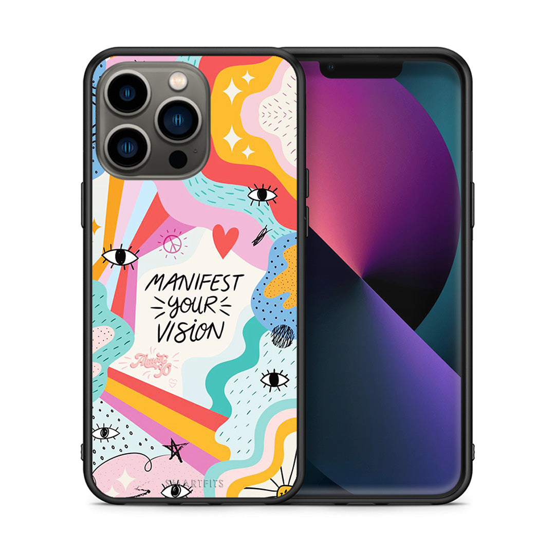 Θήκη iPhone 13 Pro Manifest Your Vision από τη Smartfits με σχέδιο στο πίσω μέρος και μαύρο περίβλημα | iPhone 13 Pro Manifest Your Vision case with colorful back and black bezels