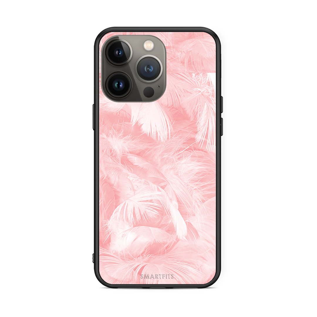 33 - iPhone 13 Pro Max Pink Feather Boho case, cover, bumper