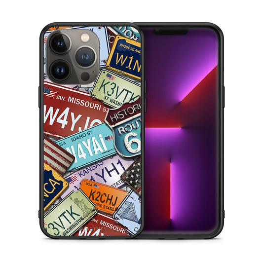 Θήκη iPhone 13 Pro Max Car Plates από τη Smartfits με σχέδιο στο πίσω μέρος και μαύρο περίβλημα | iPhone 13 Pro Max Car Plates case with colorful back and black bezels
