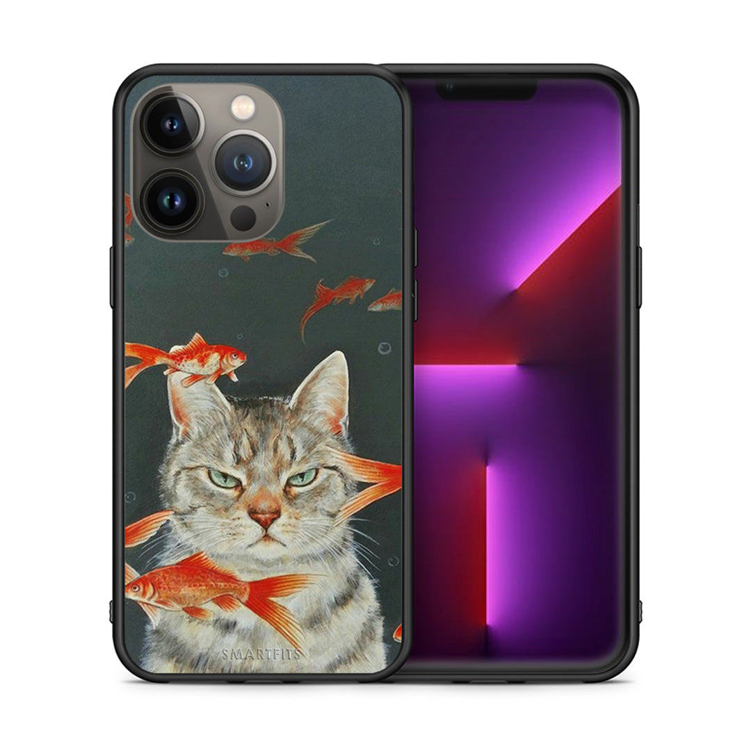 Θήκη iPhone 13 Pro Max Cat Goldfish από τη Smartfits με σχέδιο στο πίσω μέρος και μαύρο περίβλημα | iPhone 13 Pro Max Cat Goldfish case with colorful back and black bezels