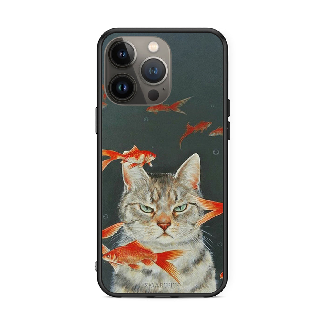 iPhone 13 Pro Max Cat Goldfish θήκη από τη Smartfits με σχέδιο στο πίσω μέρος και μαύρο περίβλημα | Smartphone case with colorful back and black bezels by Smartfits