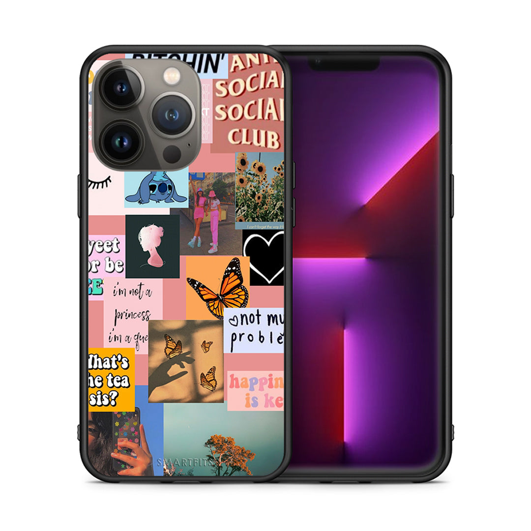 Θήκη Αγίου Βαλεντίνου iPhone 13 Pro Max Collage Bitchin από τη Smartfits με σχέδιο στο πίσω μέρος και μαύρο περίβλημα | iPhone 13 Pro Max Collage Bitchin case with colorful back and black bezels