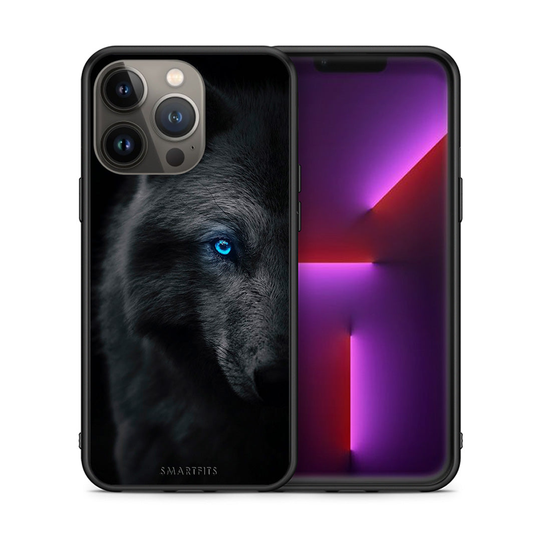 Θήκη iPhone 13 Pro Max Dark Wolf από τη Smartfits με σχέδιο στο πίσω μέρος και μαύρο περίβλημα | iPhone 13 Pro Max Dark Wolf case with colorful back and black bezels