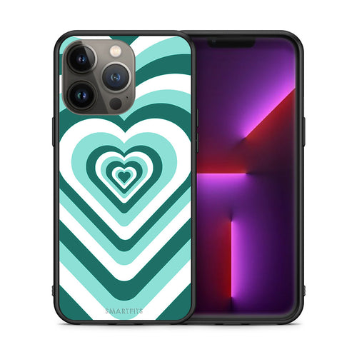Θήκη iPhone 13 Pro Max Green Hearts από τη Smartfits με σχέδιο στο πίσω μέρος και μαύρο περίβλημα | iPhone 13 Pro Max Green Hearts case with colorful back and black bezels