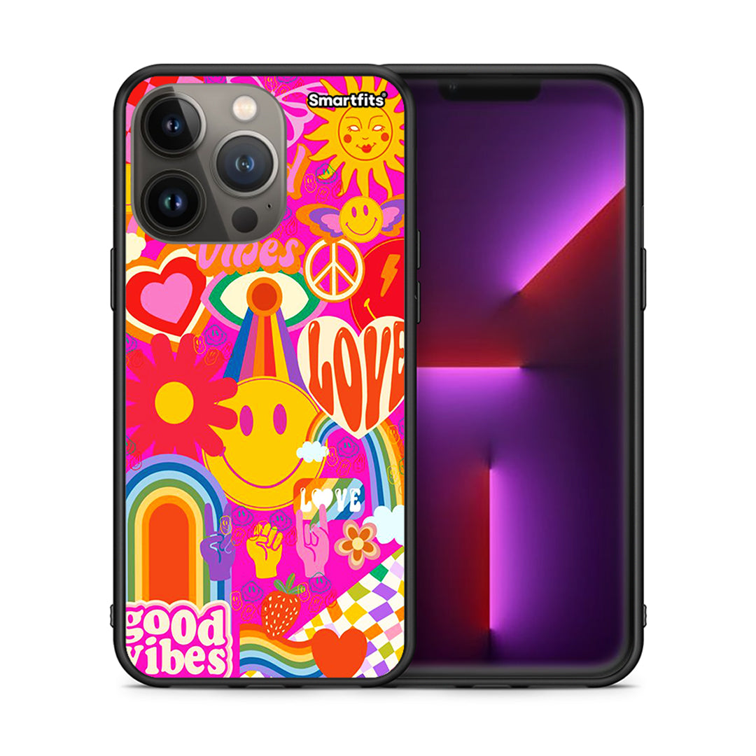 Θήκη iPhone 13 Pro Max Hippie Love από τη Smartfits με σχέδιο στο πίσω μέρος και μαύρο περίβλημα | iPhone 13 Pro Max Hippie Love case with colorful back and black bezels