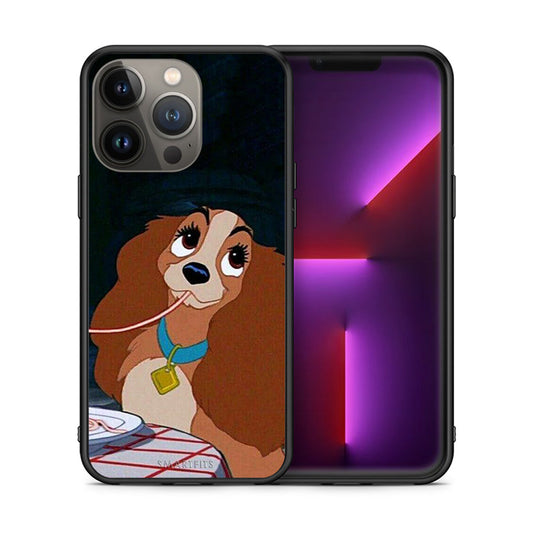Θήκη Αγίου Βαλεντίνου iPhone 13 Pro Max Lady And Tramp 2 από τη Smartfits με σχέδιο στο πίσω μέρος και μαύρο περίβλημα | iPhone 13 Pro Max Lady And Tramp 2 case with colorful back and black bezels