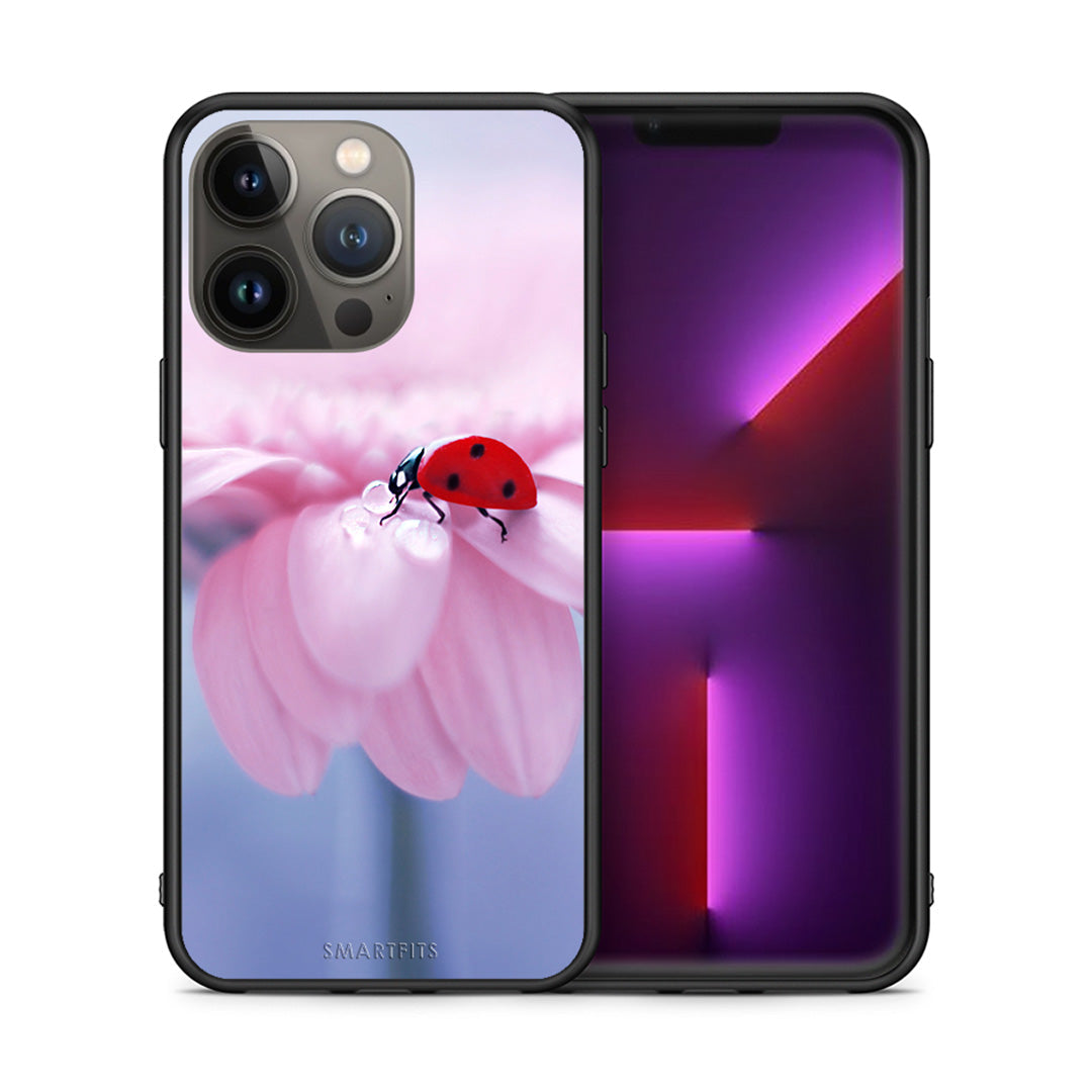 Θήκη iPhone 13 Pro Max Ladybug Flower από τη Smartfits με σχέδιο στο πίσω μέρος και μαύρο περίβλημα | iPhone 13 Pro Max Ladybug Flower case with colorful back and black bezels