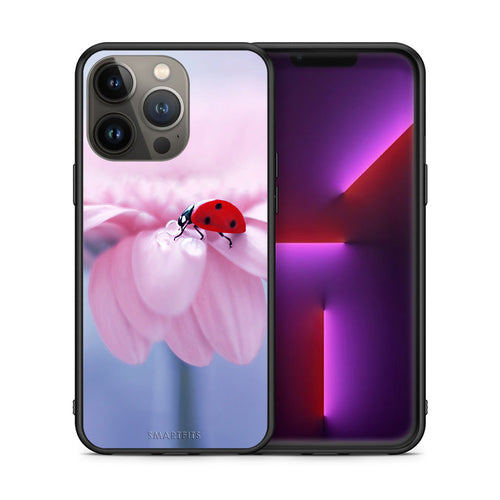 Θήκη iPhone 13 Pro Max Ladybug Flower από τη Smartfits με σχέδιο στο πίσω μέρος και μαύρο περίβλημα | iPhone 13 Pro Max Ladybug Flower case with colorful back and black bezels
