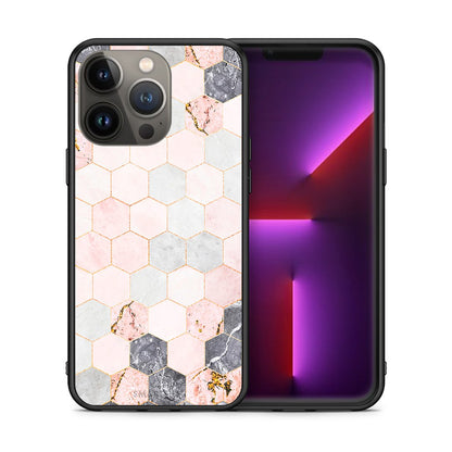 Θήκη iPhone 13 Pro Max Hexagon Pink Marble από τη Smartfits με σχέδιο στο πίσω μέρος και μαύρο περίβλημα | iPhone 13 Pro Max Hexagon Pink Marble case with colorful back and black bezels