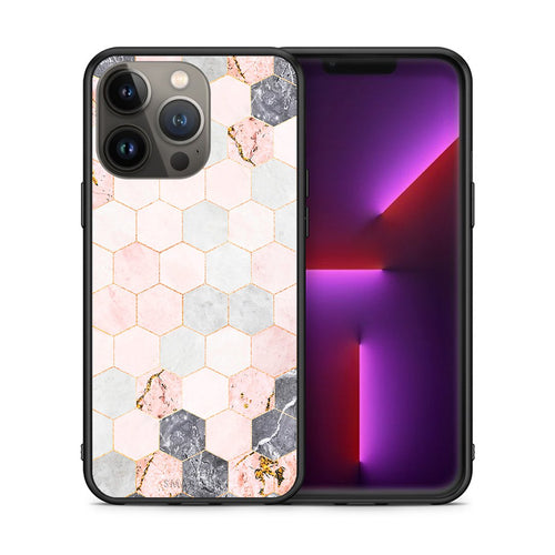 Θήκη iPhone 13 Pro Max Hexagon Pink Marble από τη Smartfits με σχέδιο στο πίσω μέρος και μαύρο περίβλημα | iPhone 13 Pro Max Hexagon Pink Marble case with colorful back and black bezels