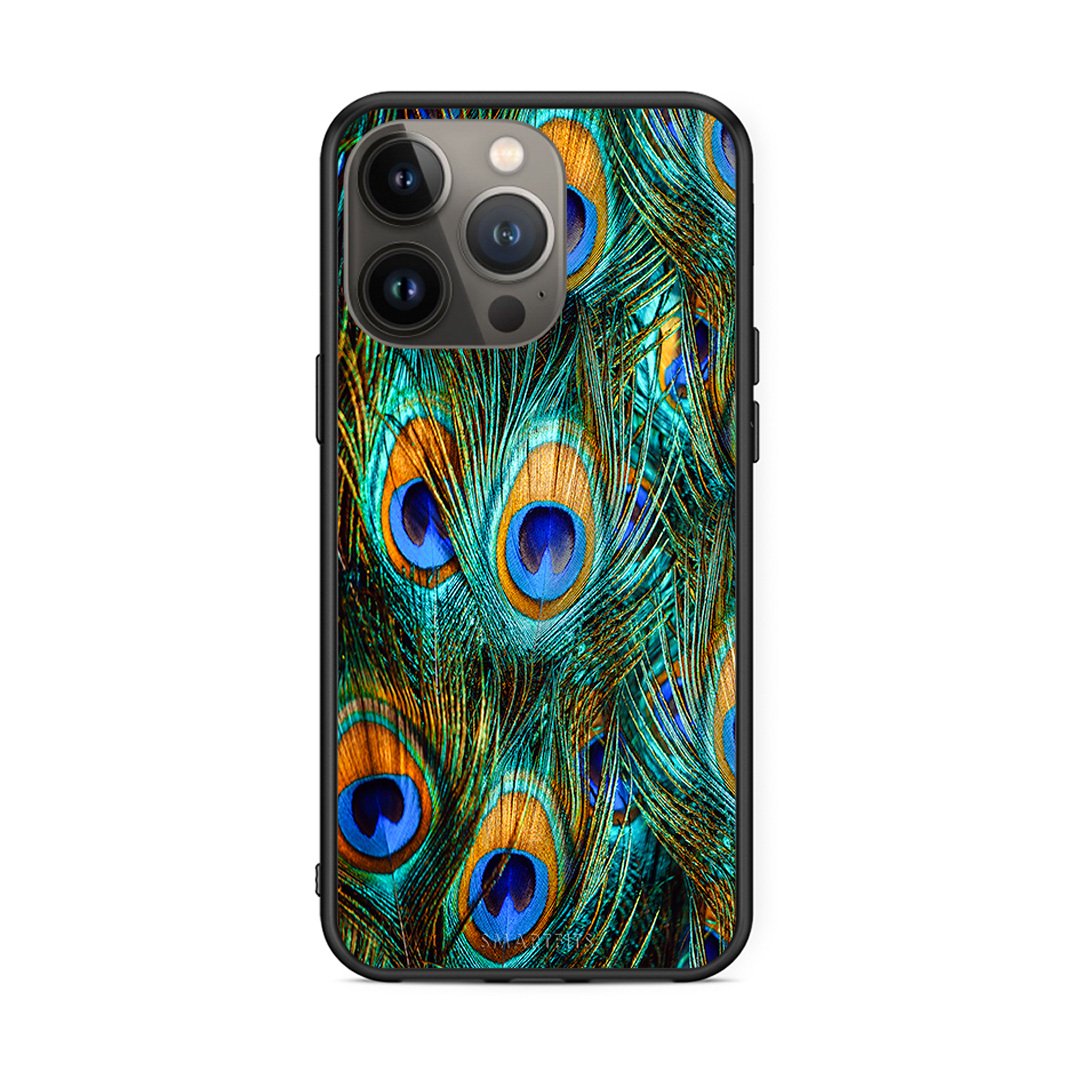 iPhone 13 Pro Max Real Peacock Feathers θήκη από τη Smartfits με σχέδιο στο πίσω μέρος και μαύρο περίβλημα | Smartphone case with colorful back and black bezels by Smartfits