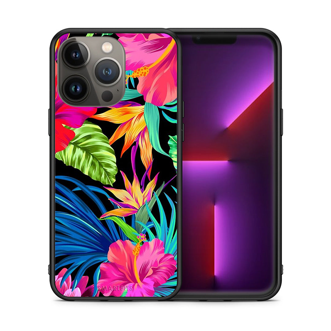 Θήκη iPhone 13 Pro Max Tropical Flowers από τη Smartfits με σχέδιο στο πίσω μέρος και μαύρο περίβλημα | iPhone 13 Pro Max Tropical Flowers case with colorful back and black bezels