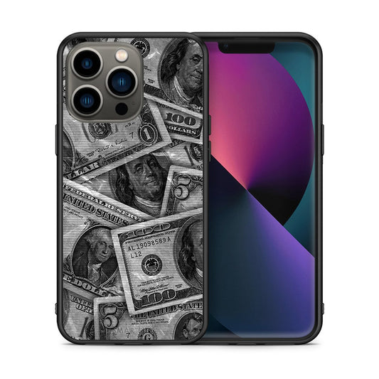 Θήκη iPhone 13 Pro Money Dollars από τη Smartfits με σχέδιο στο πίσω μέρος και μαύρο περίβλημα | iPhone 13 Pro Money Dollars case with colorful back and black bezels