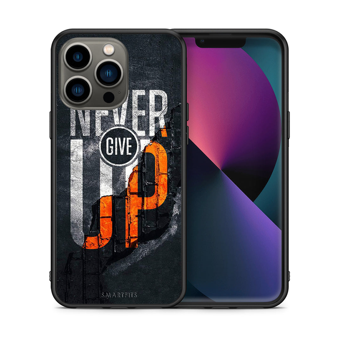 Θήκη Αγίου Βαλεντίνου iPhone 13 Pro Never Give Up από τη Smartfits με σχέδιο στο πίσω μέρος και μαύρο περίβλημα | iPhone 13 Pro Never Give Up case with colorful back and black bezels